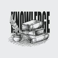 un negro y blanco dibujo de un libro con el palabra conocimiento escrito en él. vector