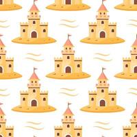 Summer sand castle seamless pattern. Sand castle in a colorful pattern on a white background. vector