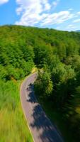 motorcykel ridning längs lindning väg genom berg skog på solig sommar dag video