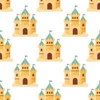 Summer sand castle seamless pattern. Sand castle in a colorful pattern on a white background. vector