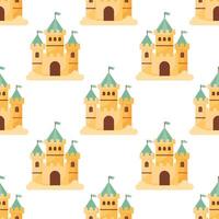 Summer sand castle seamless pattern. Sand castle in a colorful pattern on a white background. vector