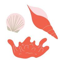 Small collection of seashells and coral. illustration isolated on white background. Travel concept. Element for print, banner, card, brochure, logo. vector