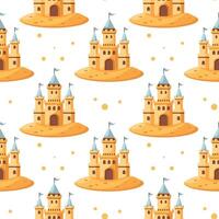 Summer sand castle seamless pattern. Sand castle in a colorful pattern on a white background. vector