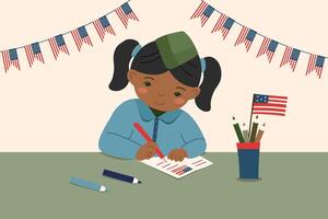 Memorial and Independence day concept. Girl writing a letter to a soldier. vector