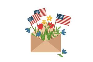 Memorial day and Independence day concept. Flag day concept. Envelope with flags and flowers isolated on white. vector