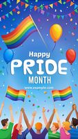 un' manifesto per orgoglio mese con un' gruppo di persone Tenere arcobaleno bandiere psd