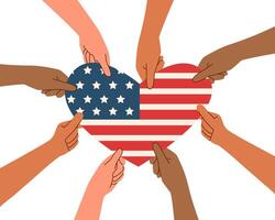 Memorial day and Independence day concept. Flag day concept. Multiracial hands holding american flag in the shape of flag. vector