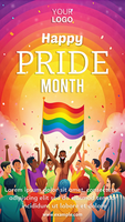 uma colorida poster para orgulho mês apresentando uma homem segurando uma arco Iris bandeira psd