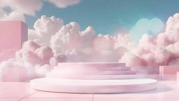Background podium pink 3d product sky platform display cloud pastel scene render stand. Pink podium stage minimal abstract background beauty dreamy space studio pedestal smoke showcase geometric white video