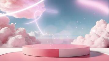 Background podium pink 3d product sky platform display cloud pastel scene render stand. Pink podium stage minimal abstract background beauty dreamy space studio pedestal smoke showcase geometric white video