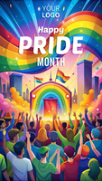 en färgrik affisch för stolthet månad terar en regnbåge och en folkmassan av människor psd