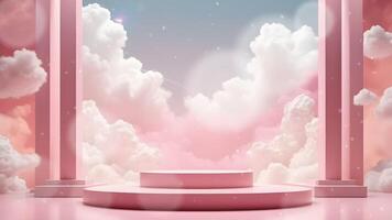 Background podium pink 3d product sky platform display cloud pastel scene render stand. Pink podium stage minimal abstract background beauty dreamy space studio pedestal smoke showcase geometric white video