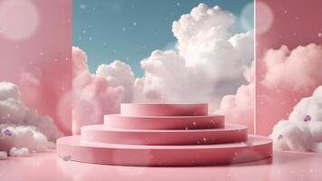 bakgrund podium rosa 3d produkt himmel plattform visa moln pastell scen framställa stå. rosa podium skede minimal abstrakt bakgrund skönhet drömmande Plats studio piedestal rök monter geometrisk vit video
