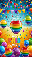 A colorful poster for Pride Month featuring a heart and rainbow balloons psd