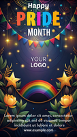 A colorful poster for Pride Month featuring a rainbow, stars, and flowers psd