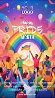 uma colorida poster para orgulho mês apresentando uma arco Iris e pessoas a comemorar psd