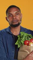 Vertical Portrait of african american guy holding a paper bag full of bio food, buying organic locally grown fruits and vegetables. Confident vegan person supporting healthy eating and zero waste. Camera A. video