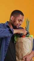 Vertical Male person using scanner at local farmers market checkout counter, scanning all organic freshly harvested produce in a paper bag. Young guy buying bio eco friendly groceries. Camera B. video