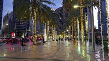 dubai - unito arabo Emirates 01.05.2024 città strada con illuminato palma alberi nel dubai, un' città strada nel dubai foderato con palma alberi avvolto nel festivo luci, vivace con persone e macchine a video