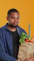 verticaal portret van Afrikaanse Amerikaans vent poseren met een papier zak vol van boodschappen, boodschappen doen voor biologisch etisch afkomstig goederen. veganistisch persoon ondersteunen nul verspilling duurzame levensstijl. camera b. video