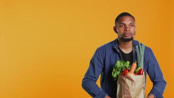 Jeune adulte prétendre à ascenseur poids avec une papier sac plein de bio épiceries, imitant faire des exercices des exercices dans studio. Masculin modèle levage une variété de éthiquement source des fruits et légumes. caméra b. video