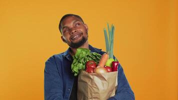 Male model thinking about new vegan food recipe to cook with his freshly harvested homegrown produce in a paper bag. Young guy enjoys healthy eating, organic nutrition. Camera A. video