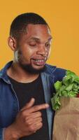 Vertical African american person pointing at ethically sourced fruits and veggies stored in a paper bag, making eco friendly recommendations for healthy eating and vegan nutrition. Camera A. video