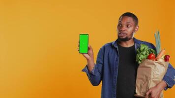 jung Kerl mit ein Tasche von frisch Lebensmittel zeigen grüner Bildschirm auf seine Smartphone, präsentieren ein isoliert Anzeige auf Telefon. Person Werbung örtlich gewachsen produzieren, Null Abfall. Kamera b. video