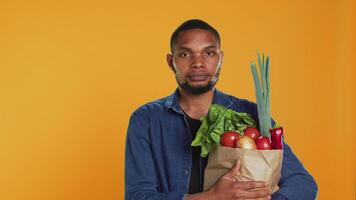 portrait de végétalien la personne porter une papier sac rempli avec Frais épiceries, justificatif local agriculture et fait maison produire. Masculin modèle profiter achats fête à bio supermarché. caméra un. video