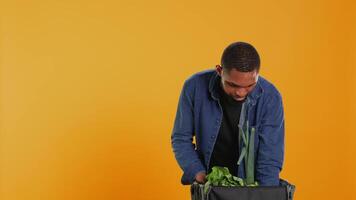 Jeune sortir employé livrer une papier sac plein de bio produire dans une thermique sac à dos, apportant local supermarché commande à clients. Masculin courrier porter biologique des fruits et des légumes. caméra b. video