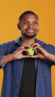 Vertical African american relaxed guy does a heart shape sign with an apple, recommending locally grown produce in studio. Happy pleased person enjoys healthy eating and chemicals free nutrition. Camera B. video