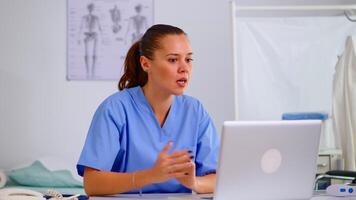 Woman practitioner assistant offering medical online advice for patient diagnosis. Physician using virtual discussion to consult patient, telemedicine and healthcare support, virtual meeting helping video
