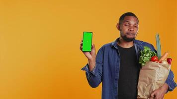 Young adult holding a smartphone with greenscreen layout in studio, carrying bio groceries in a paper bag and advertising healthy eating. Vegan person presenting mockup screen. Camera B. video