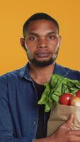 Vertical Portrait of vegan person carrying a paper bag filled with fresh groceries, supporting local farming and homegrown produce. Male model enjoying shopping spree at bio supermarket. Camera A. video