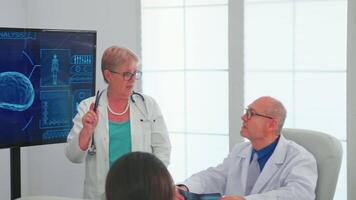 Neurologist reading brain waves on monitor while doctor is wearing headset with sensors. Monitor shows modern brain study while team of scientist adjusts the device working in hospital conference room video