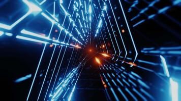 Endless futuristic space tunnel with neon lights. 3D render retro futuristic animation. Synthwave rave vintage design, loop motion for VJ, DJ and music concerts video