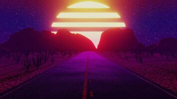 Seamless endless road through the desert with retro futuristic sky and sun. 3D render loop animation of mountains, cyberpunk, game render 80s 90s vintage old style video