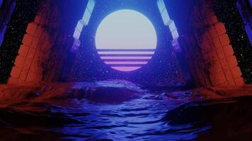 Cyberspace tunnel with rocks and sun in future galaxy. 3D render animation deisgn, modern background, seamless loop, neon lights and geometric grid video