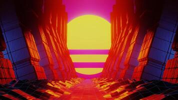 Rock tunnel and futuristic orange sun. 3D render animation. Vintage design, infinity loop, space and retro futurism. Geometric symmetrical grid. Disco synthwave cyberspace video