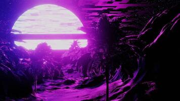 Retro futuristic beach with palm tree in pink light and windy weather. 3D render seamless animation in perfect loop. Abstract concept, synthwave wireframe, futuristic cyberpunk video