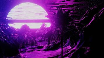 retro futuristische strand met palm boom in roze licht en winderig het weer. 3d geven naadloos animatie in perfect lus. abstract concept, synthwave draadframe, futuristische cyberpunk video