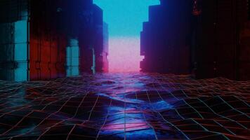 Retro abstract futuristic abstract tunnel in cyberspace. Floating 3D render animation in seamless loop, motion design. Future technology landscape, geometric grid, abstract polygon synthwave video