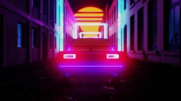 Retro futuristic car in vintage space city. 3D render animation seamless loop of moving vehicle with neon lights and cyberpunk sun. Space arcade fantasy concept video