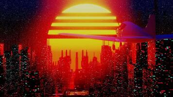 Airplane flying over retro futuristic city in space with orange sun and stars, galaxy. Vintage vacation journey neon lights background for music DJ VJ festivals. 3D render animation. Perfect loop video