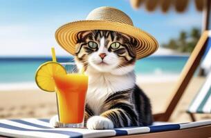 Cat wearing summer hat relaxing sitting on deckchair in the sea background. photo