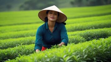 vietnamita mujer coleccionar té hojas dentro cesta en plantación. plantación obrero. foto