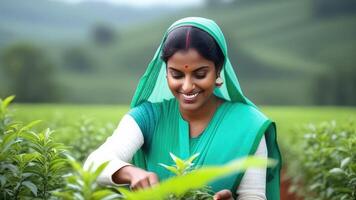 Indian woman collecting tea leaves into basket at plantation. Plantation worker. photo