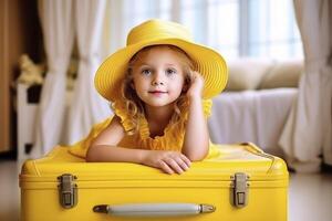 pequeño niño sentado en un amarillo maleta y Sueños de viajar, aventura, vacaciones. foto