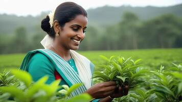 Indian woman collecting tea leaves into basket at plantation. Plantation worker. photo