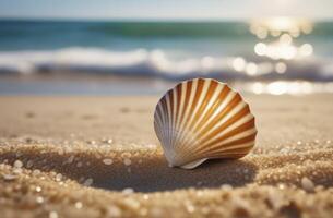 Sea shell over wavy white sand beach such summer background photo